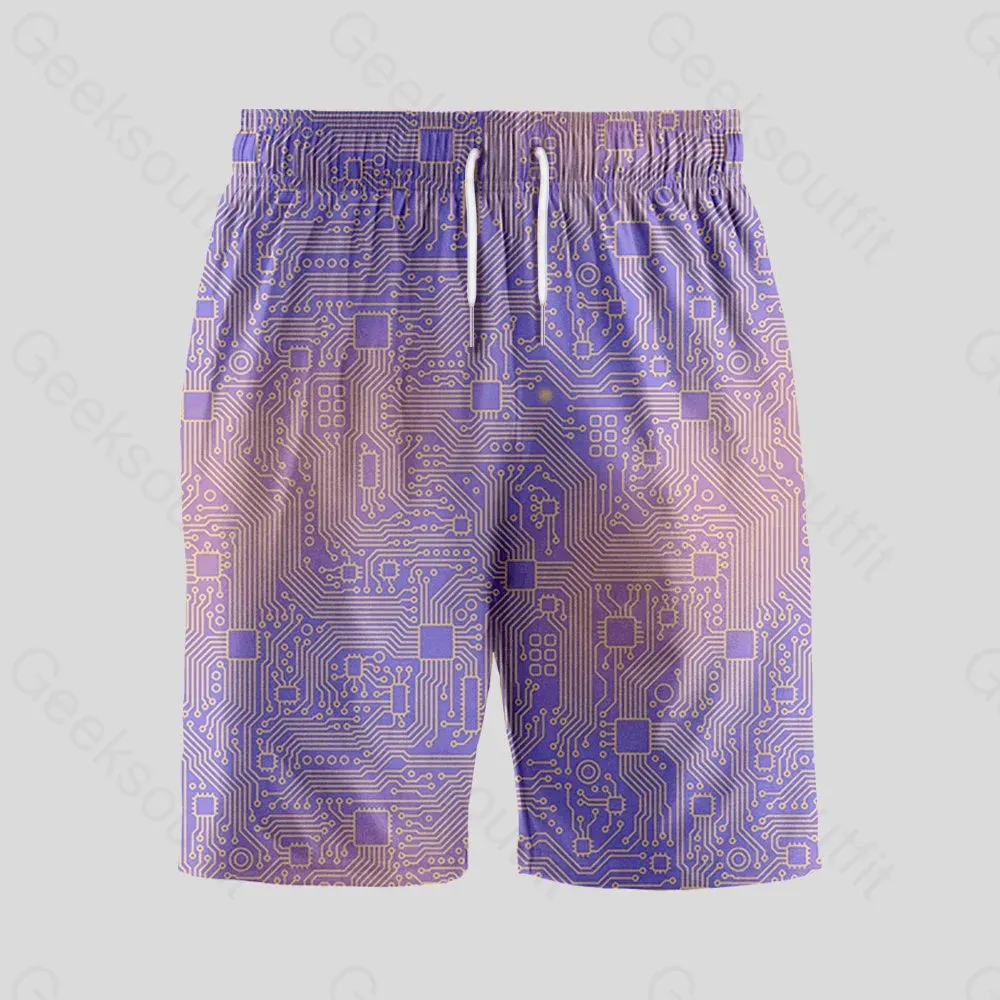 Computer Circuit Board Purple Geeky Drawstring Shorts - Image 2