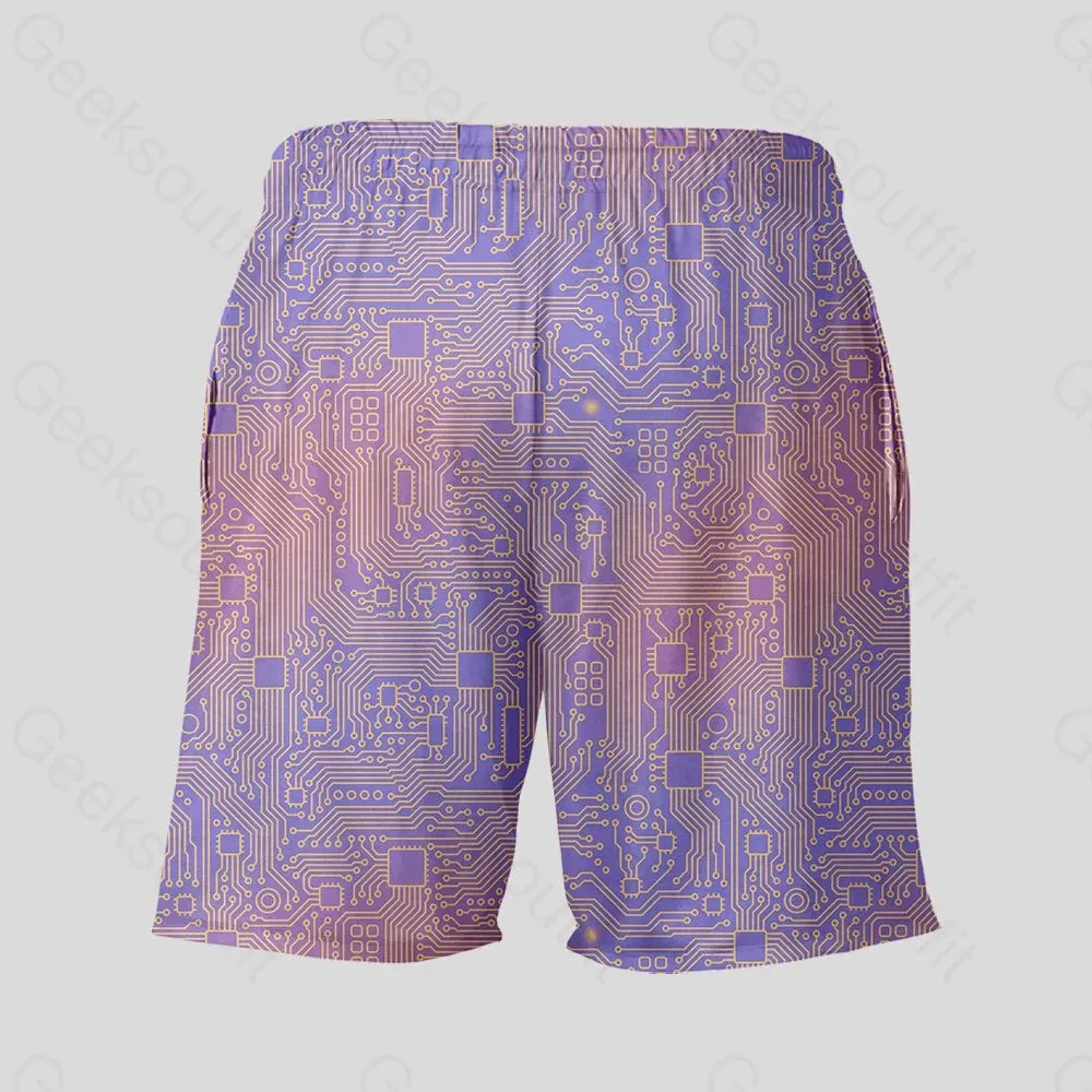 Computer Circuit Board Purple Geeky Drawstring Shorts - Image 4