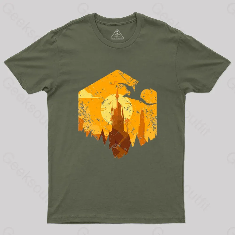 Dragon Flying Over Tall Castle Sunset T-Shirt - Image 4