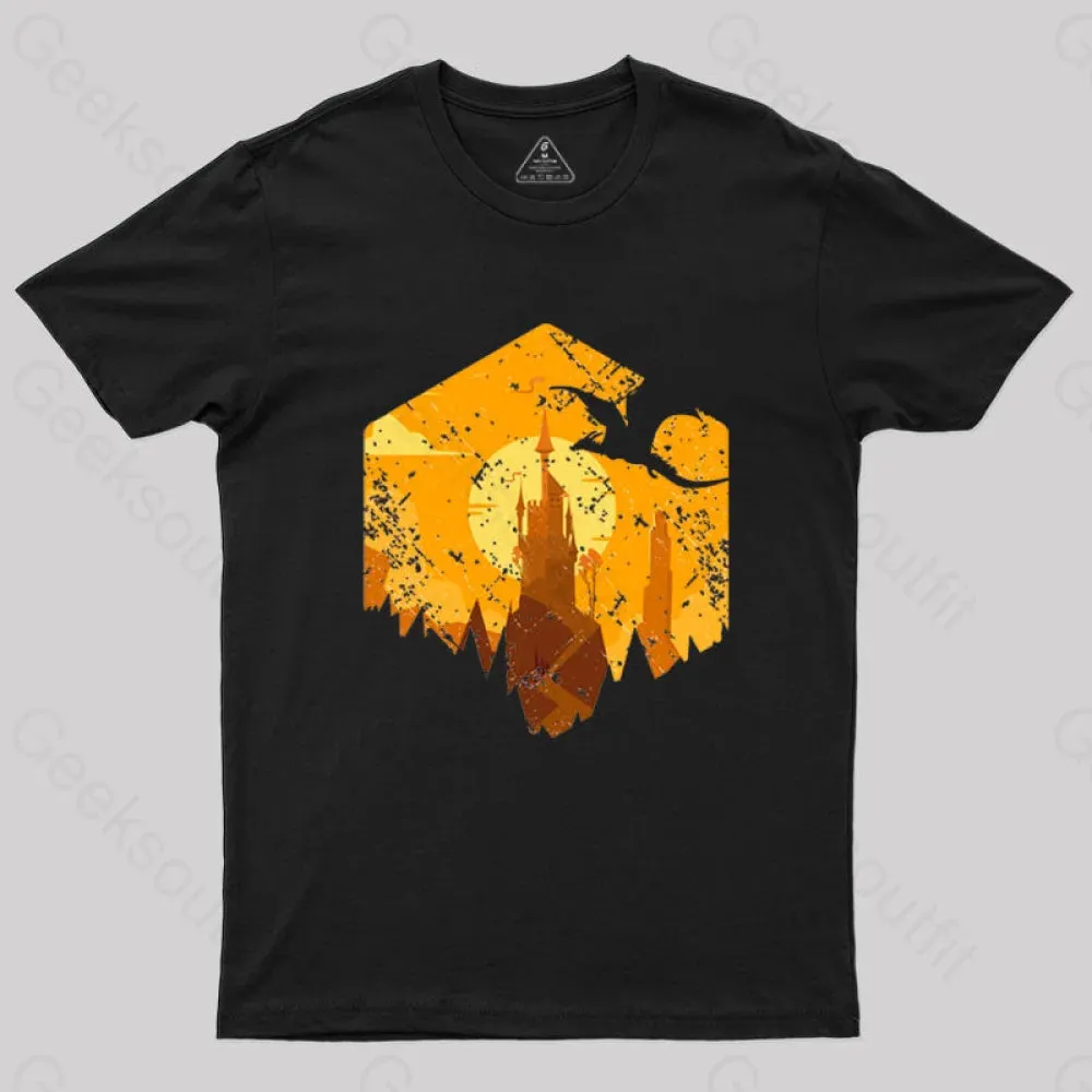 Dragon Flying Over Tall Castle Sunset T-Shirt