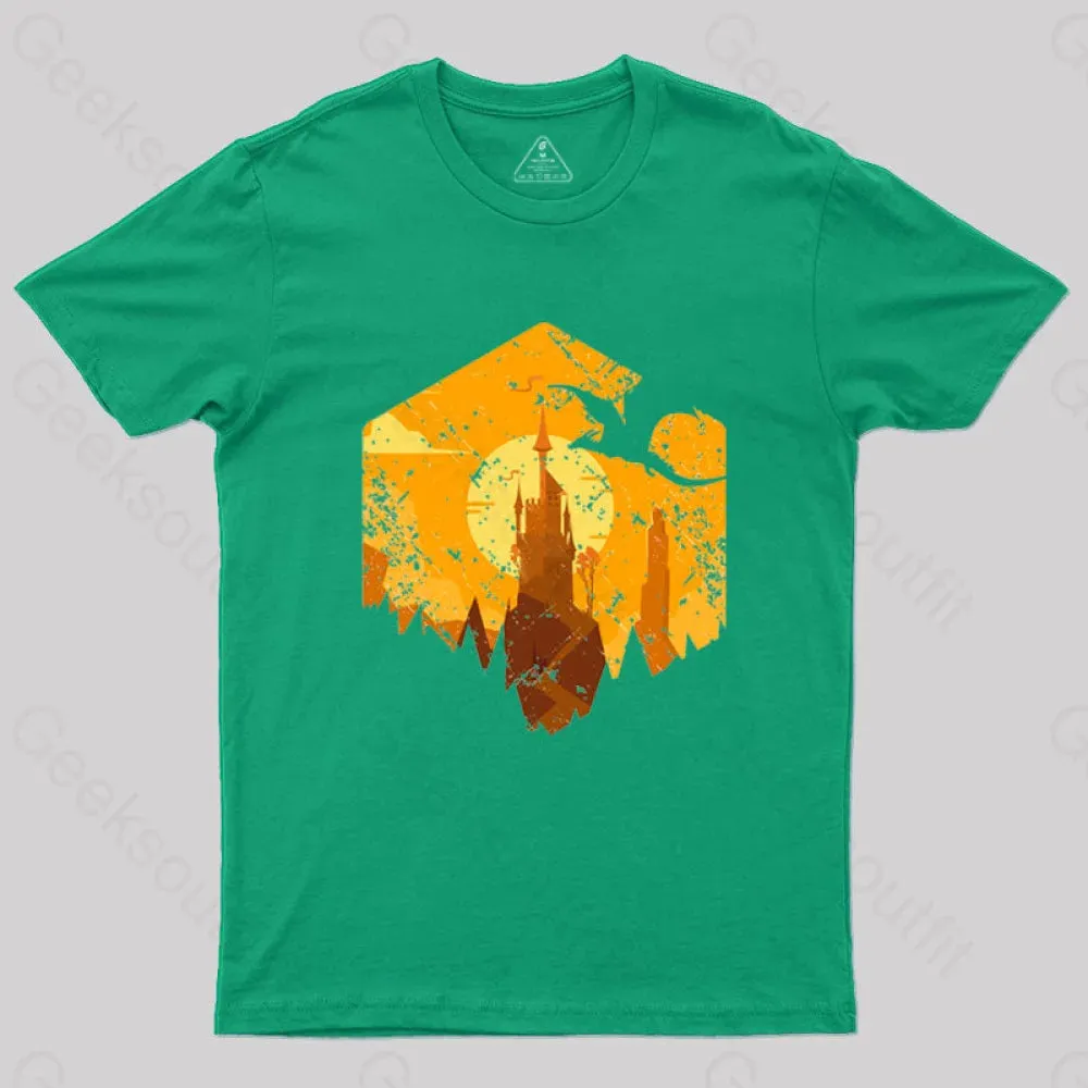Dragon Flying Over Tall Castle Sunset T-Shirt - Image 8