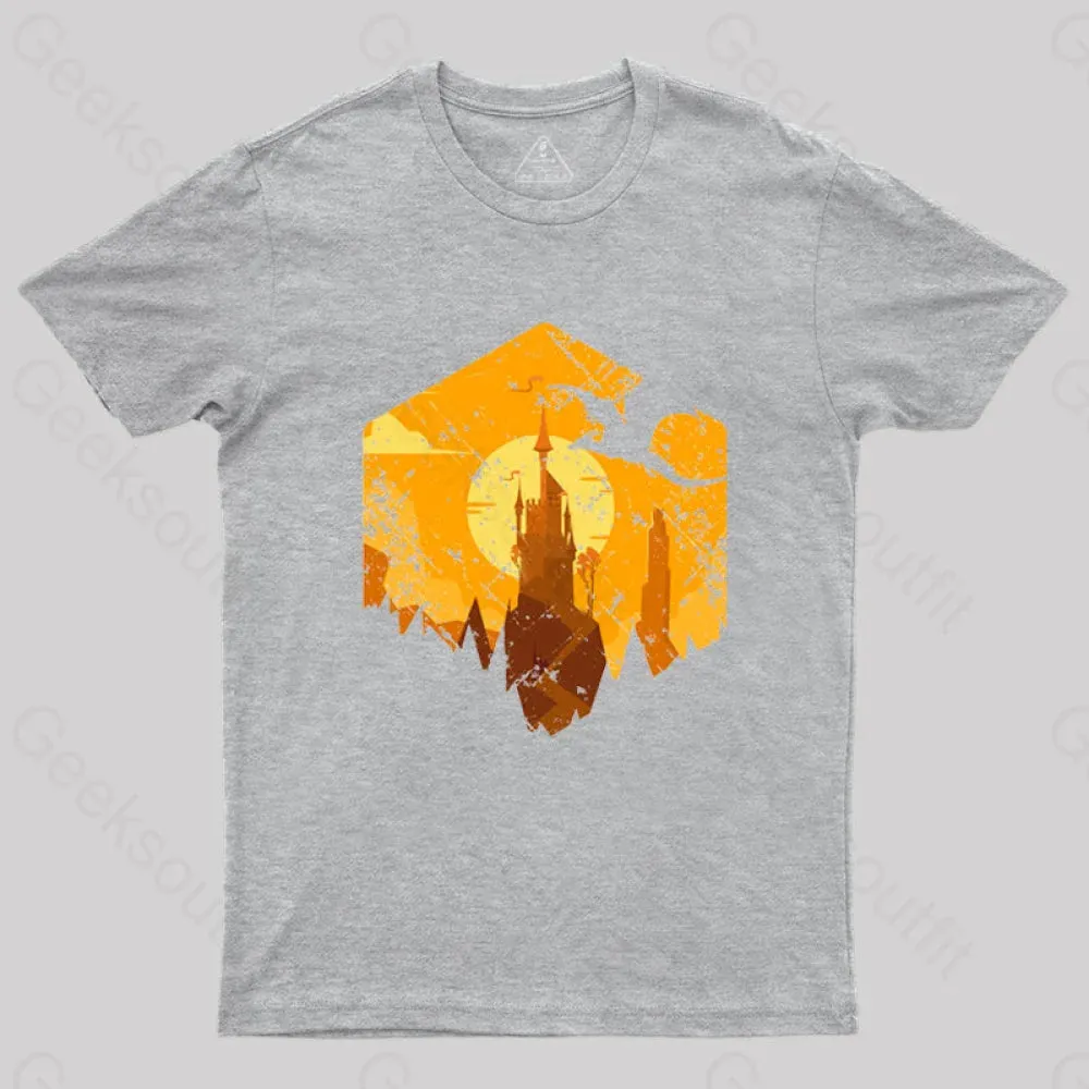 Dragon Flying Over Tall Castle Sunset T-Shirt - Image 5