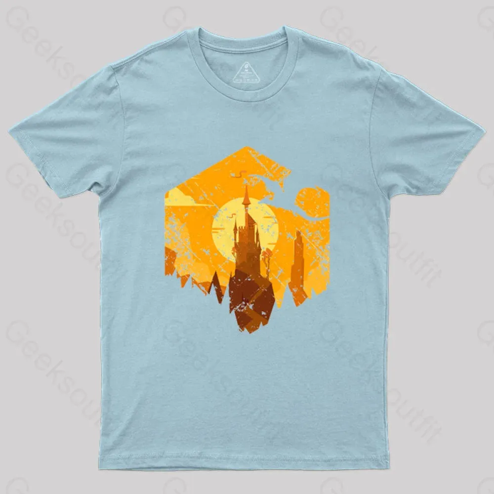 Dragon Flying Over Tall Castle Sunset T-Shirt - Image 6