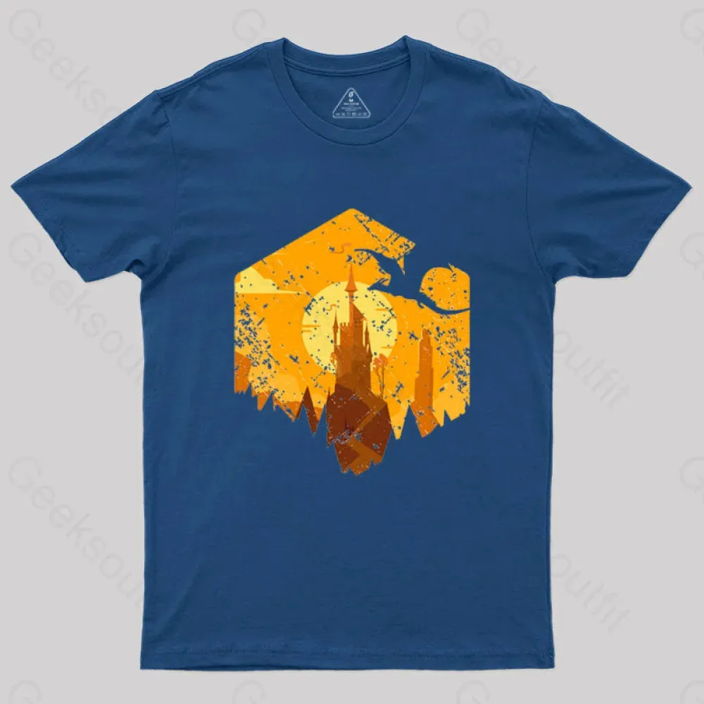 Dragon Flying Over Tall Castle Sunset T-Shirt - Image 2