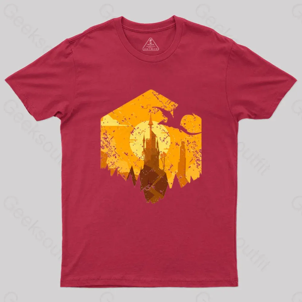 Dragon Flying Over Tall Castle Sunset T-Shirt - Image 7