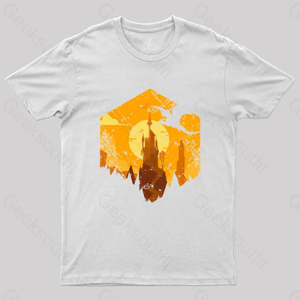 Dragon Flying Over Tall Castle Sunset T-Shirt - Image 3