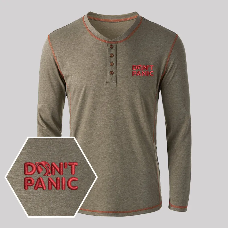 Don't Panic Embroidered Long Sleeve Henley Shirts - Image 6