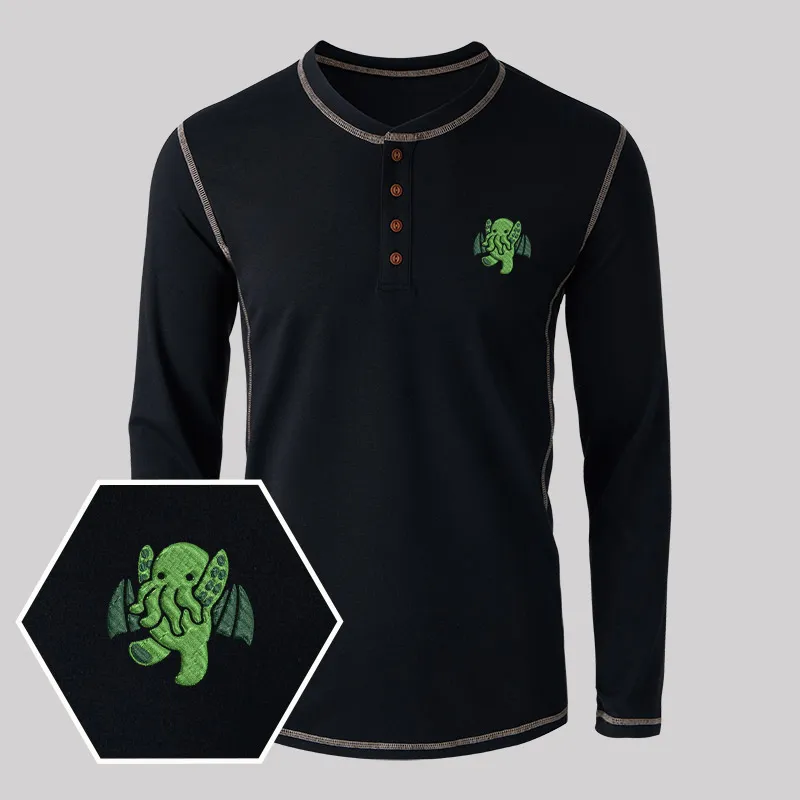 Alternative view of Cthulhu Geek Embroidered Long Sleeve Henley Shirts