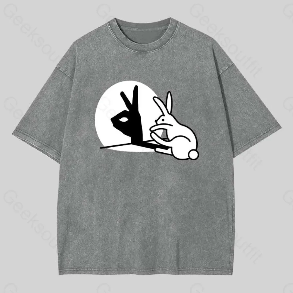 Funny Rabbit Hand Shadow Puppets Washed T-shirt - Image 5