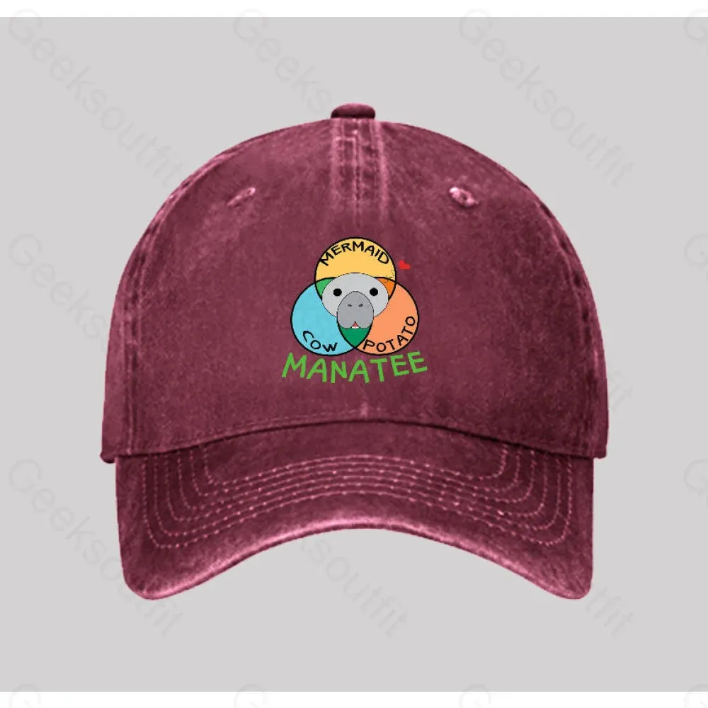 Manatee Cow Mermaid Potato Washed Vintage Baseball Cap - Image 3