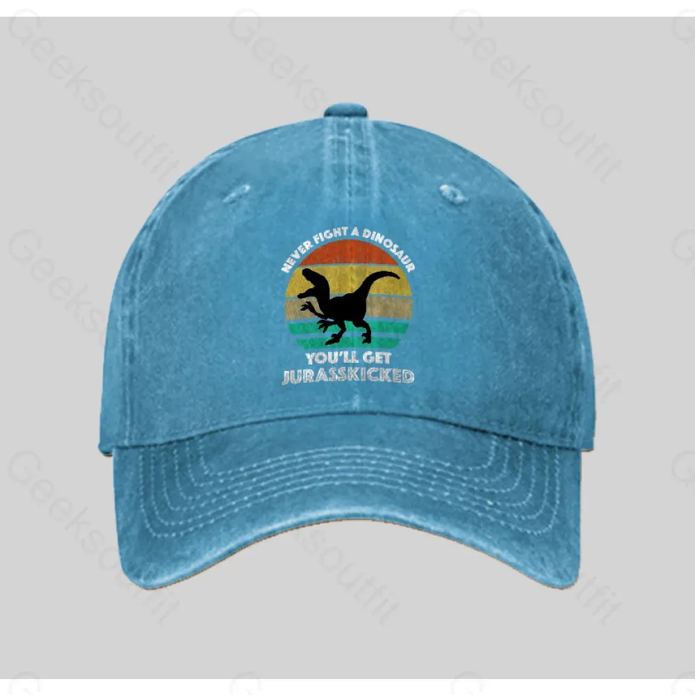 Never Fight A Dinosaur You'll Get Jurasskicked Washed Vintage Baseball Cap - Image 4