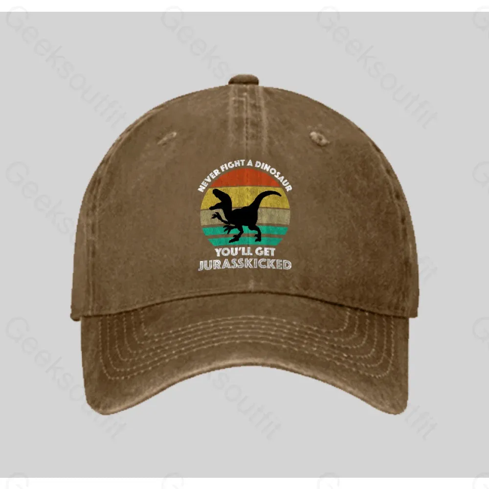Never Fight A Dinosaur You'll Get Jurasskicked Washed Vintage Baseball Cap - Image 5