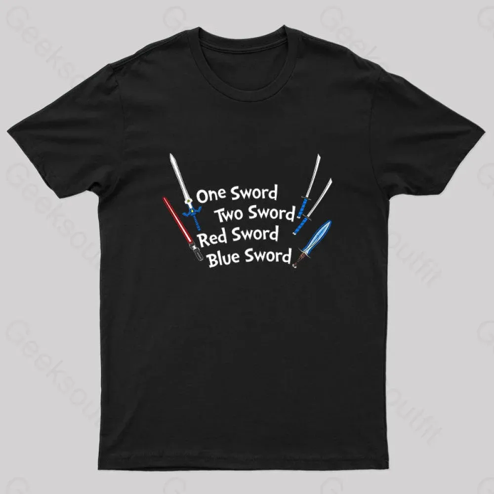 Alternative view of One Sword,Two Sword,Red Sword,Blue Sword Geek T-Shirt