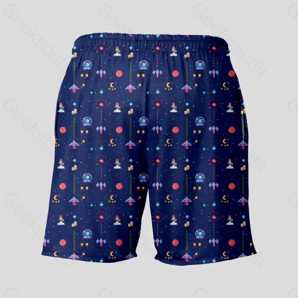 Retro Style Arcade Video Game featuring Space Blue Geeky Drawstring Shorts - Image 4