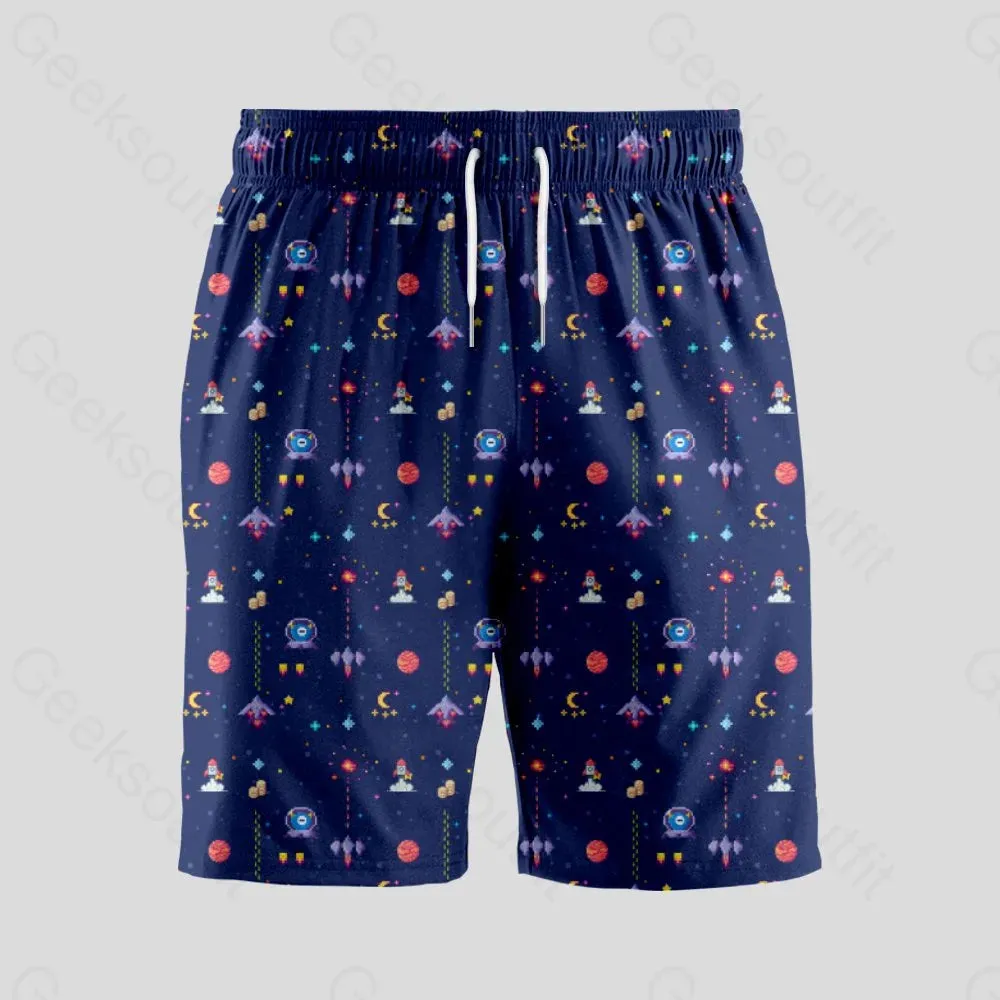 Retro Style Arcade Video Game featuring Space Blue Geeky Drawstring Shorts - Image 2