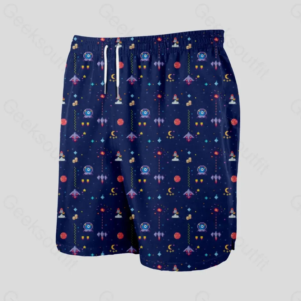 Retro Style Arcade Video Game featuring Space Blue Geeky Drawstring Shorts - Image 3