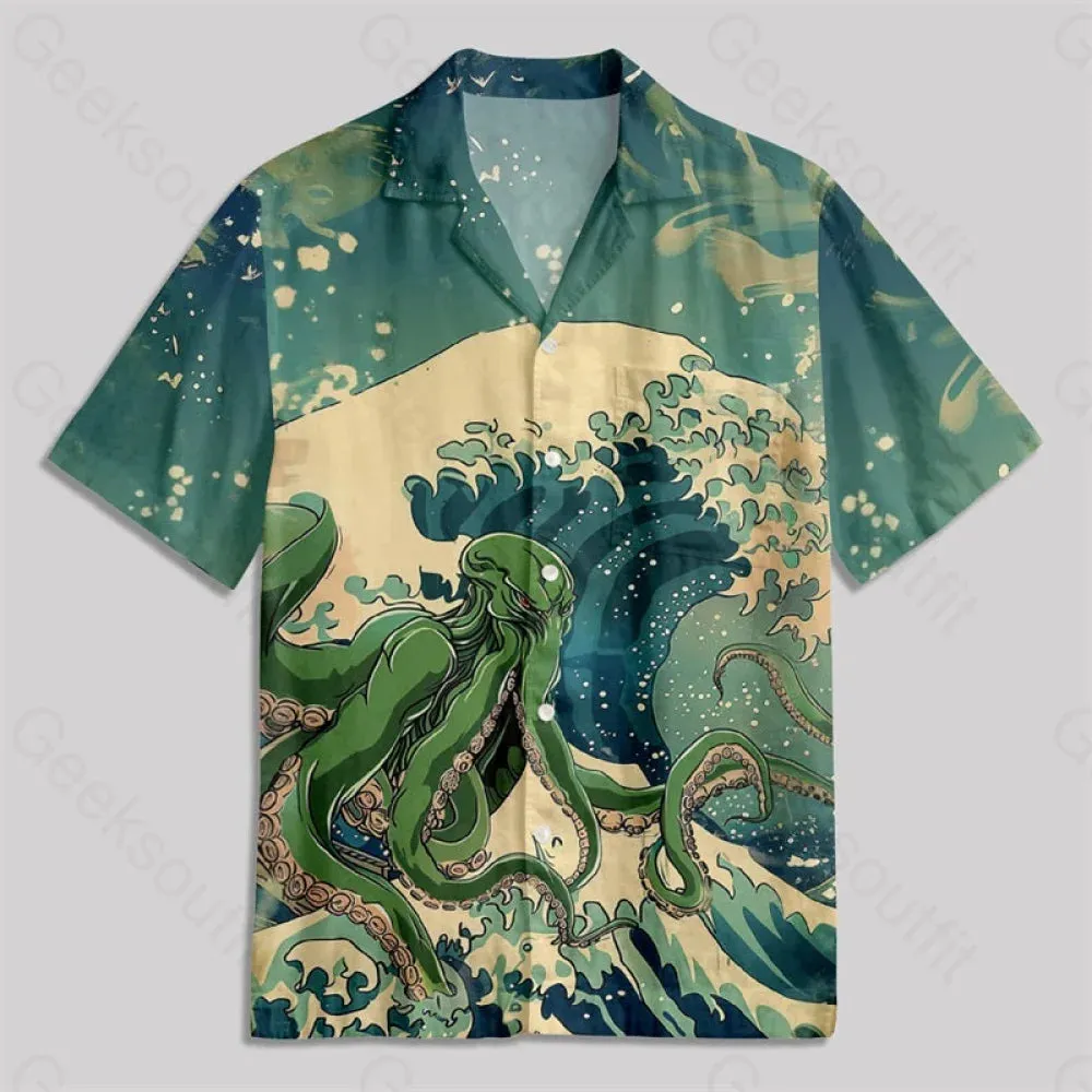 Ukiyoe Waves Cthulhu Green Button Up Pocket Shirt - Image 2
