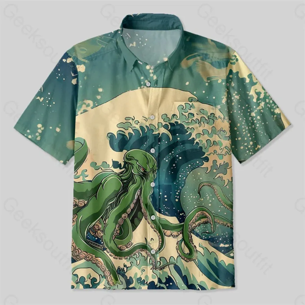 Ukiyoe Waves Cthulhu Green Button Up Pocket Shirt