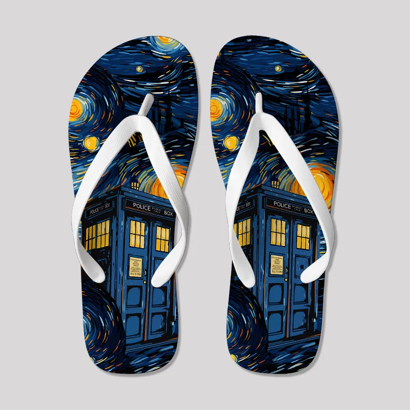 Starry Night Phone Booth Geek Flip Flops